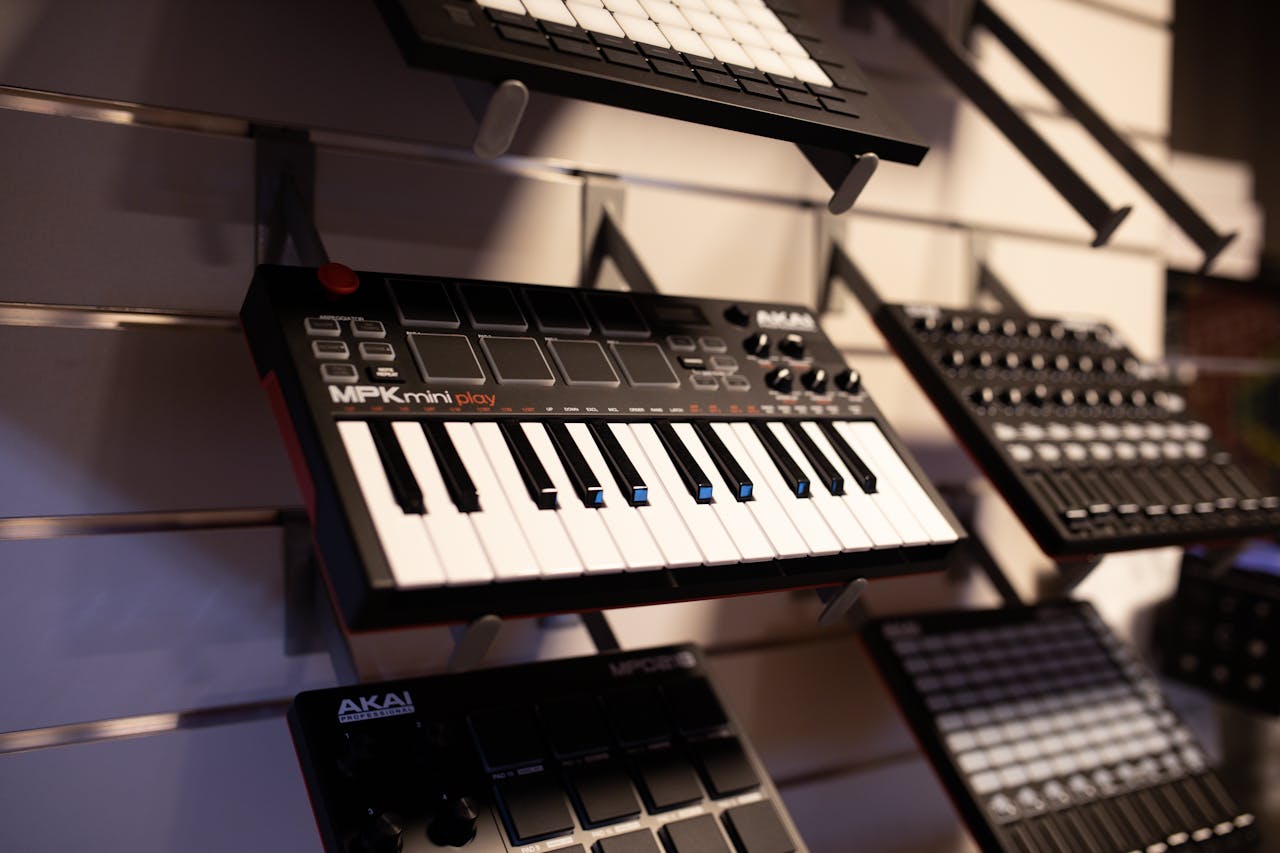 our-journey-02 Close-up of an Akai MPK mini play MIDI controller keyboard displayed on a store wall.